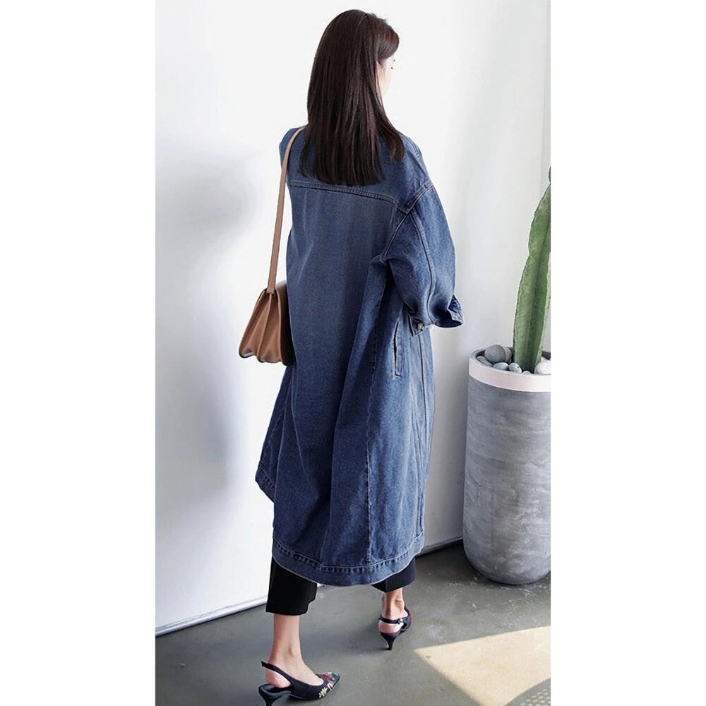 Womens Classic Jean Jacket Plus Size Loose Long Sleeve Button Down  Trench  Coat - Picture 3 of 4